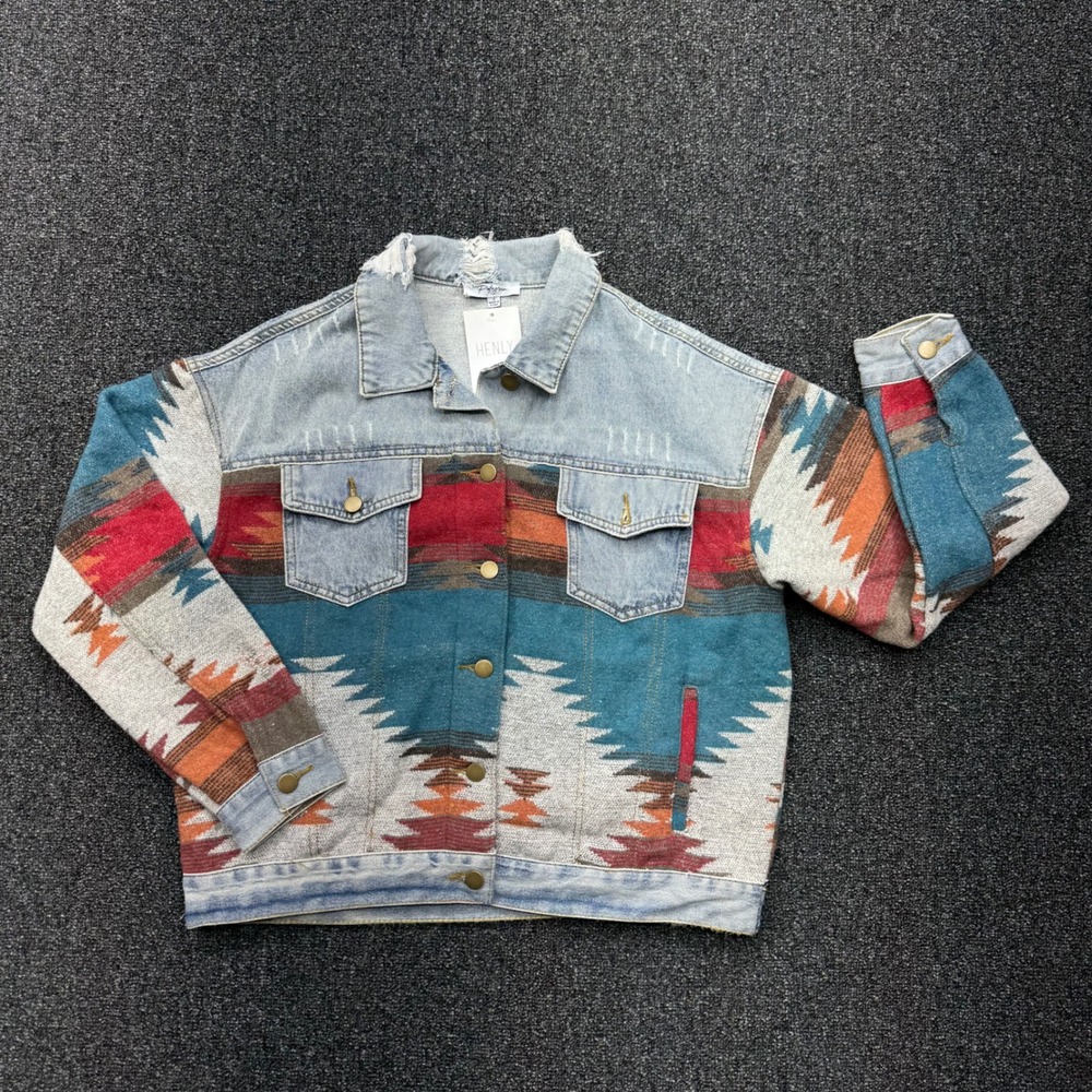Polagram Southwestern Tapestry Denim Jacket Womens S NWT aztec western boho
